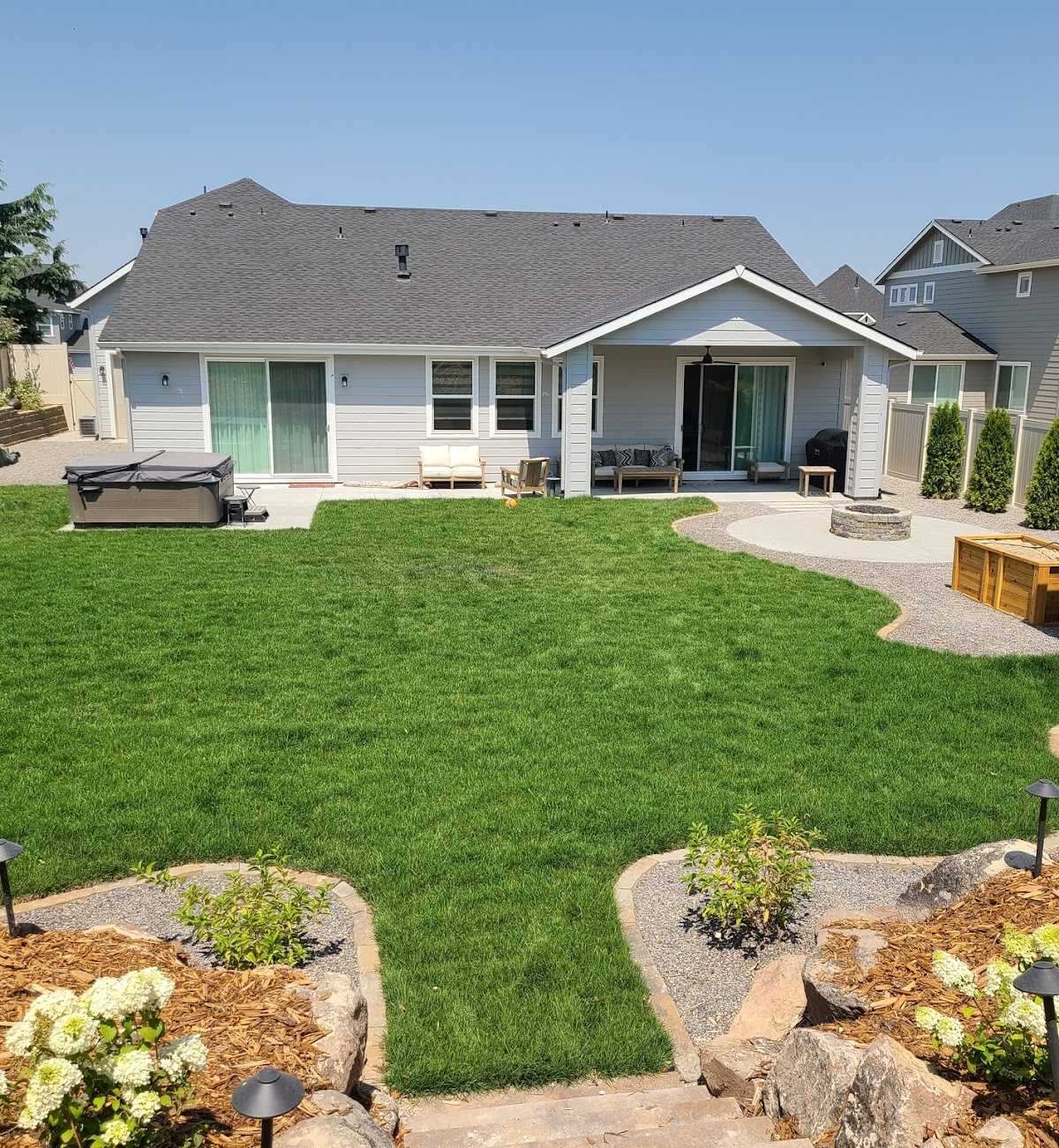 A completed backyard with sod, firepit, and flower beds